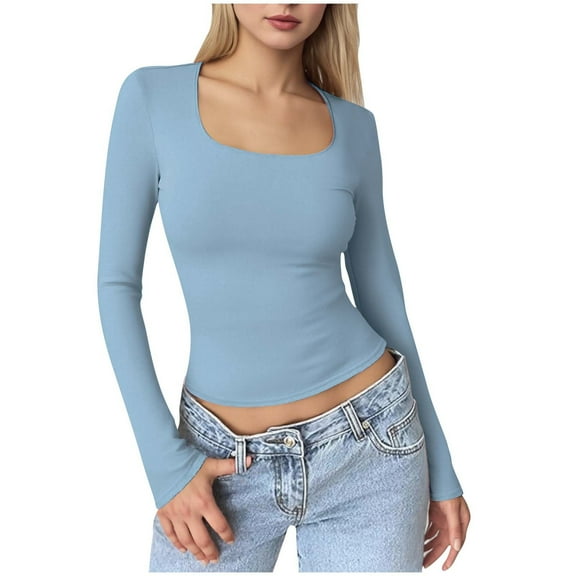 YUGYXL Womens Tops Dressy Casual Workout Outfits Fall Winter Long Sleeve Shirts Boat Neck Going Out Tops Fashion Light Blue Sweatshirts XS