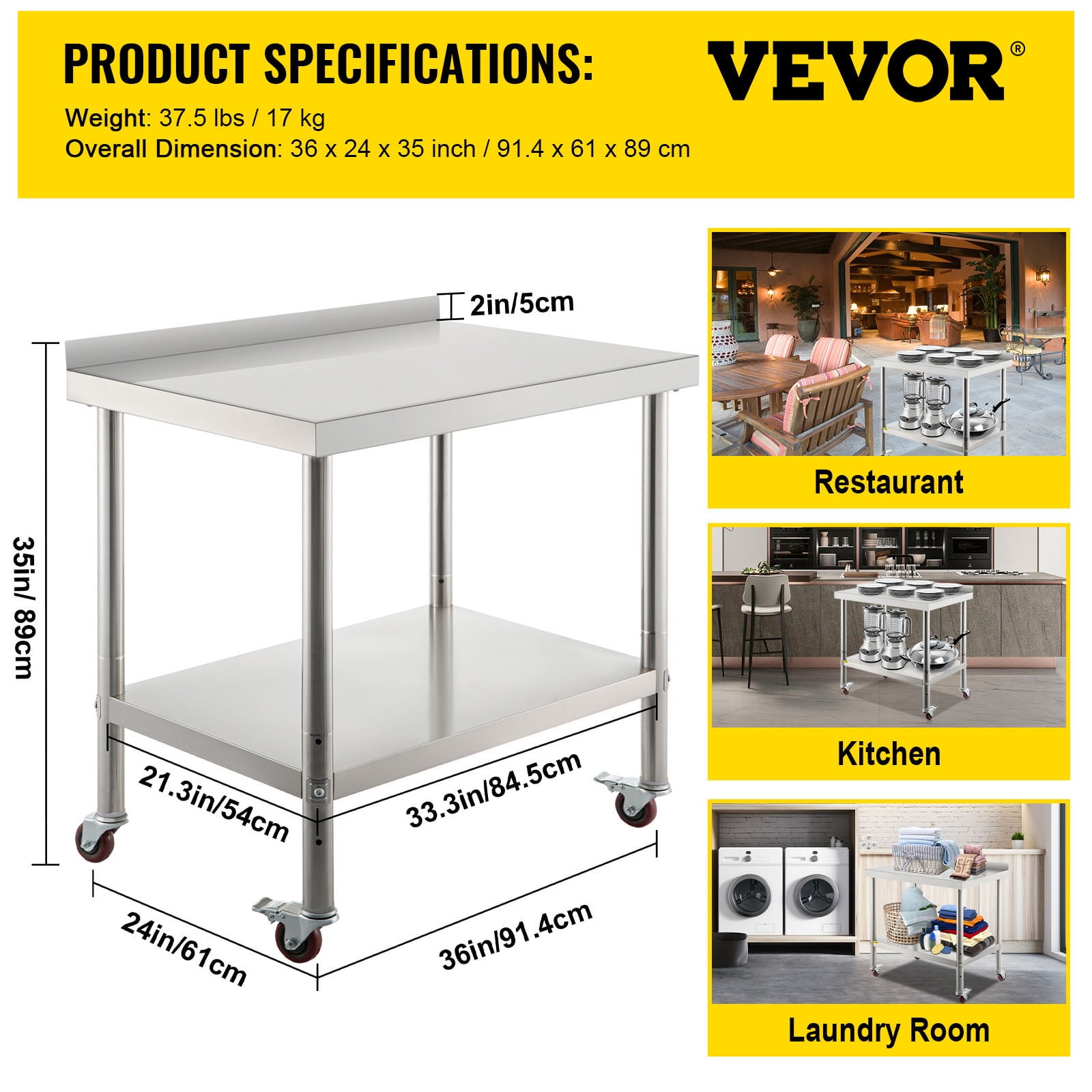 KFFKFF Stainless Steel Adjustable Undershelf and Casters Prep Table, Silver