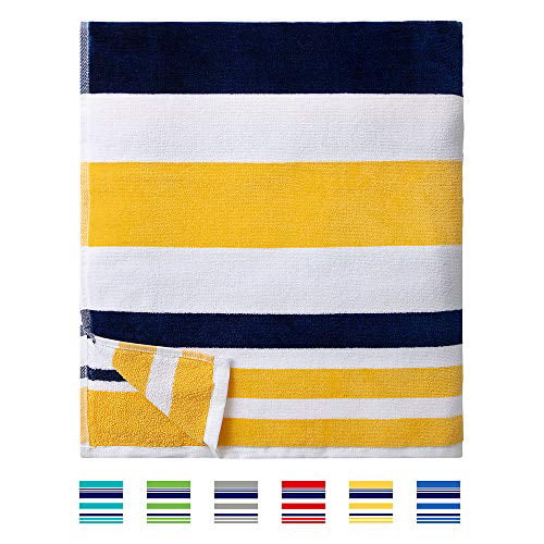 CABANANA Large Oversized Beach Towels Plush Summer Swimming Cabana Towel Velour Cotton 35 x 70 Inch Grey Blue Horizontal Striped Fluffy Pool Towel