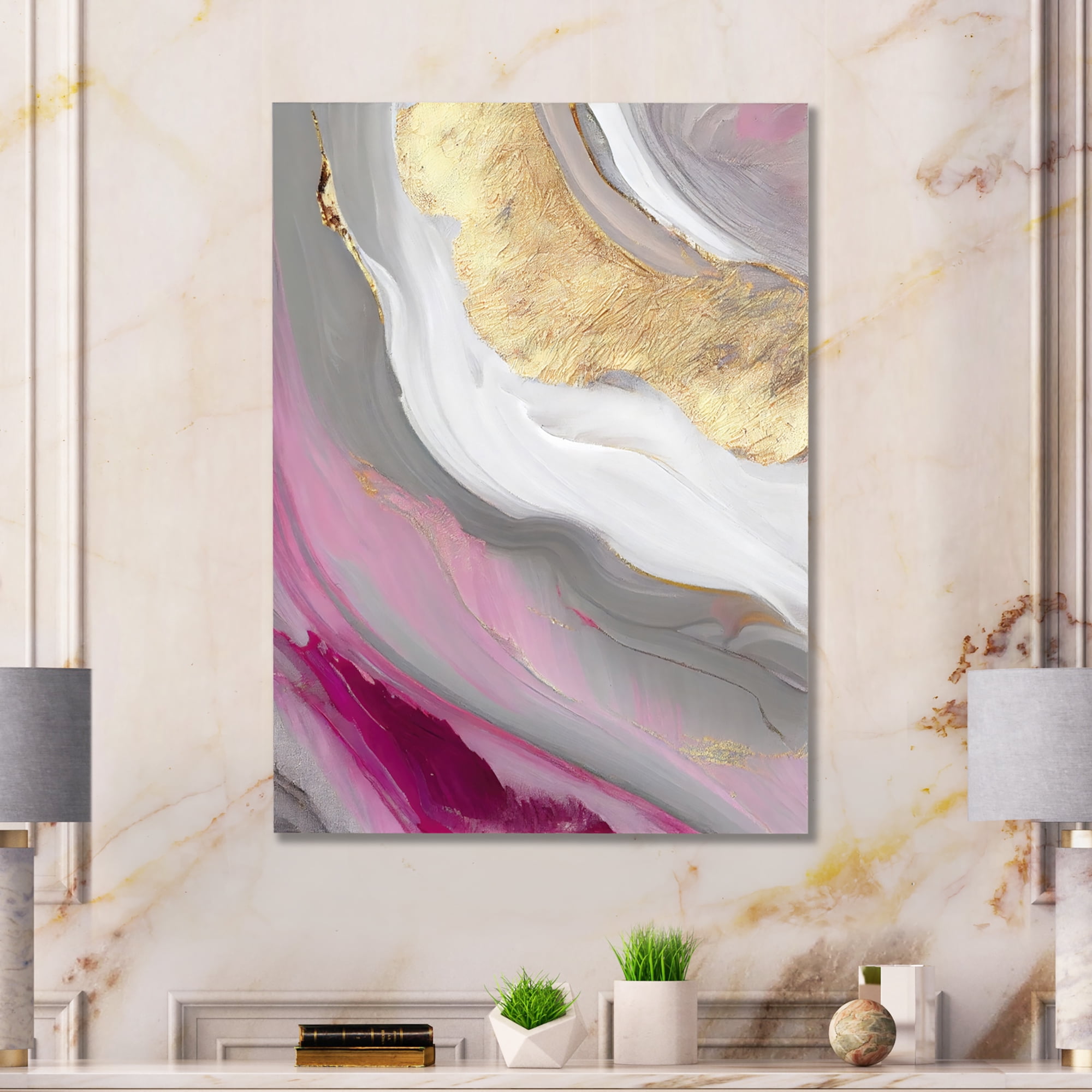Designart Pink And Gold Marble Abstract VI Canvas Wall Art