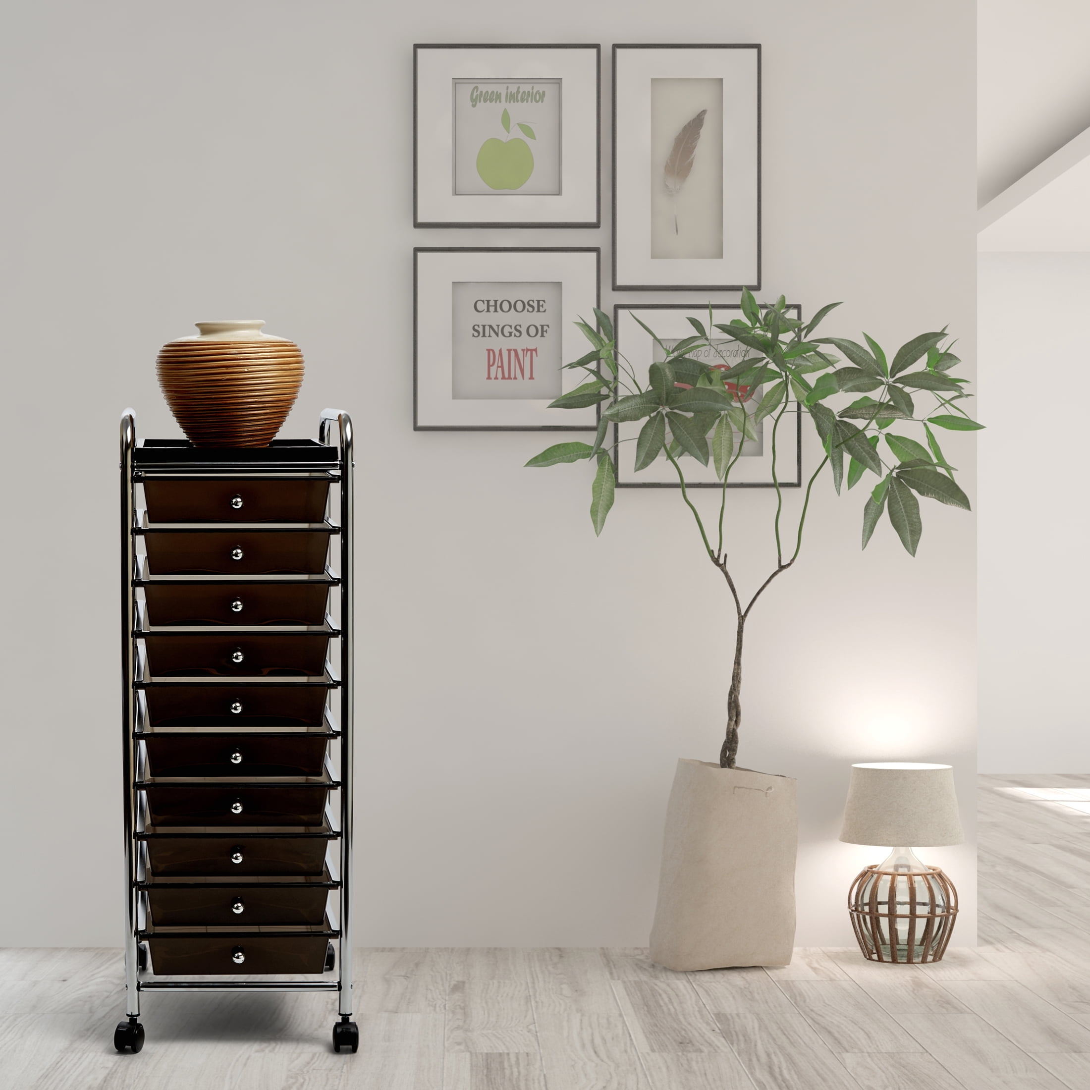 Seville Classics 10-Drawer Organizer Cart with Tray, Black