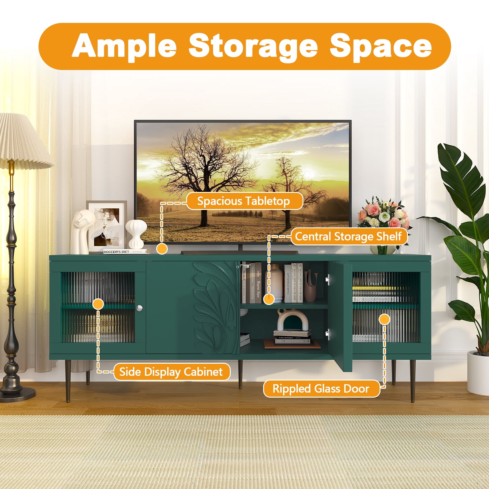 HLR 63" Modern Wood TV Stand with 3D Flower Pattern for TVs Up to 75", Entertainment Center with Storage, Green