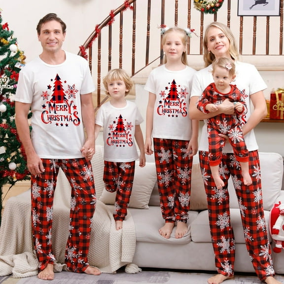 Norbi Matching Family Pajamas Sets Christmas PJs Short Sleeve Tee Top and Print Plaid Pants Loungewear Holiday PJ's Sets