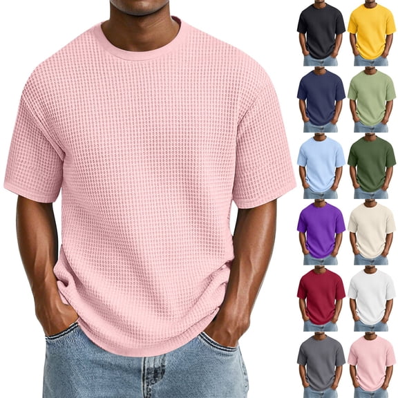 Waffle Knit Shirts for Men Solid Color Crewneck Shirt Short Sleeve Casual Beach T Shirt Soft Lightweight Breathable Summer Top Loose Fit Clothes for Men Dark Green M