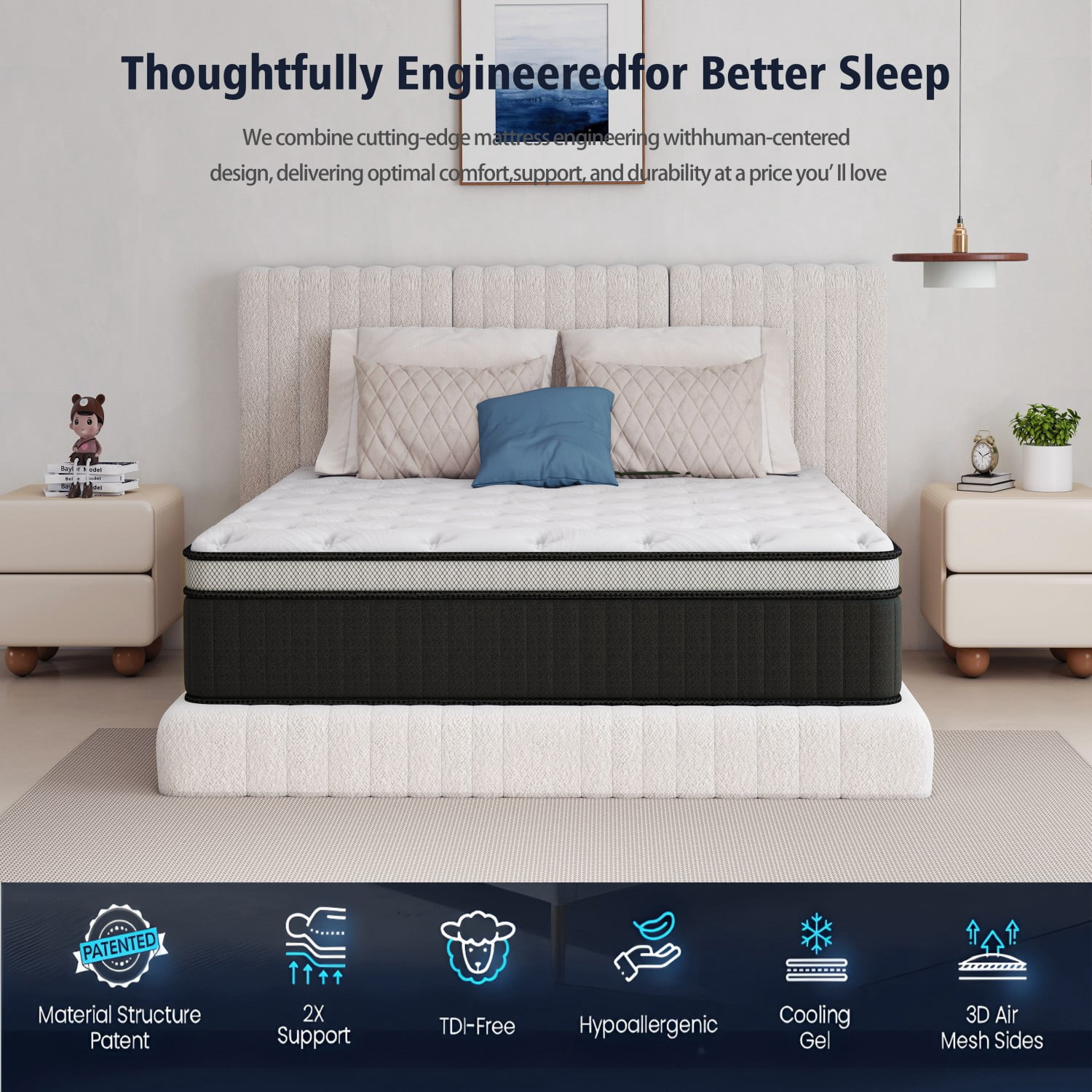 Oasskyo King Size 14" Pillow Top Hybrid Mattress, Pocket Spring & Memory Foam Mattress, Cool Sleep Motion Isolation Mattress for Pressure Relief, Mattress in a Box, CertiPUR-US Certified
