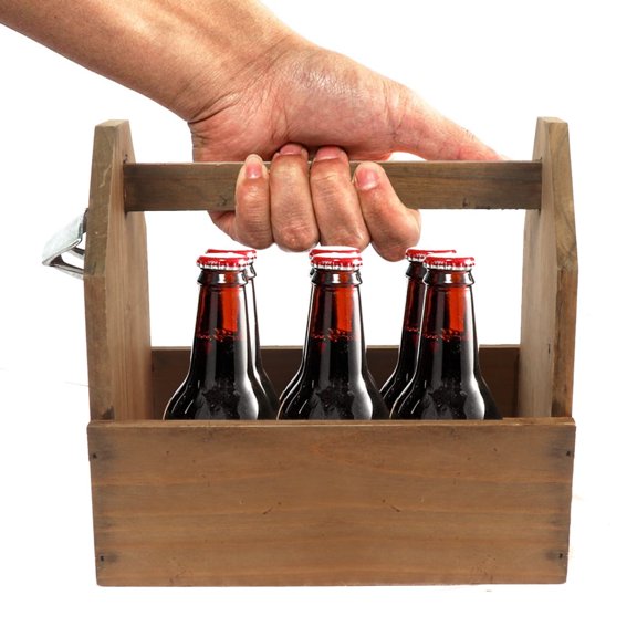 EURO SAKURA Wooden Drink Bottle Wine Caddy with Built-in Metal Soda Opener 6 Pack Beer Bottle Holder