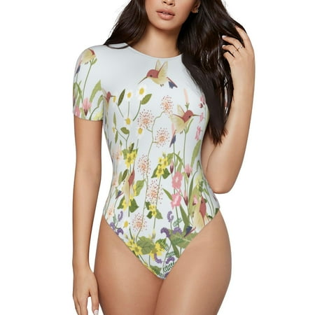 Gaeub hummingbird in floral Print Women s Short Sleeve One Piece Swimsuit Sexy High-Waisted Bodysuit Bathing Suit for Swimming  Beach  Sports-X-Large