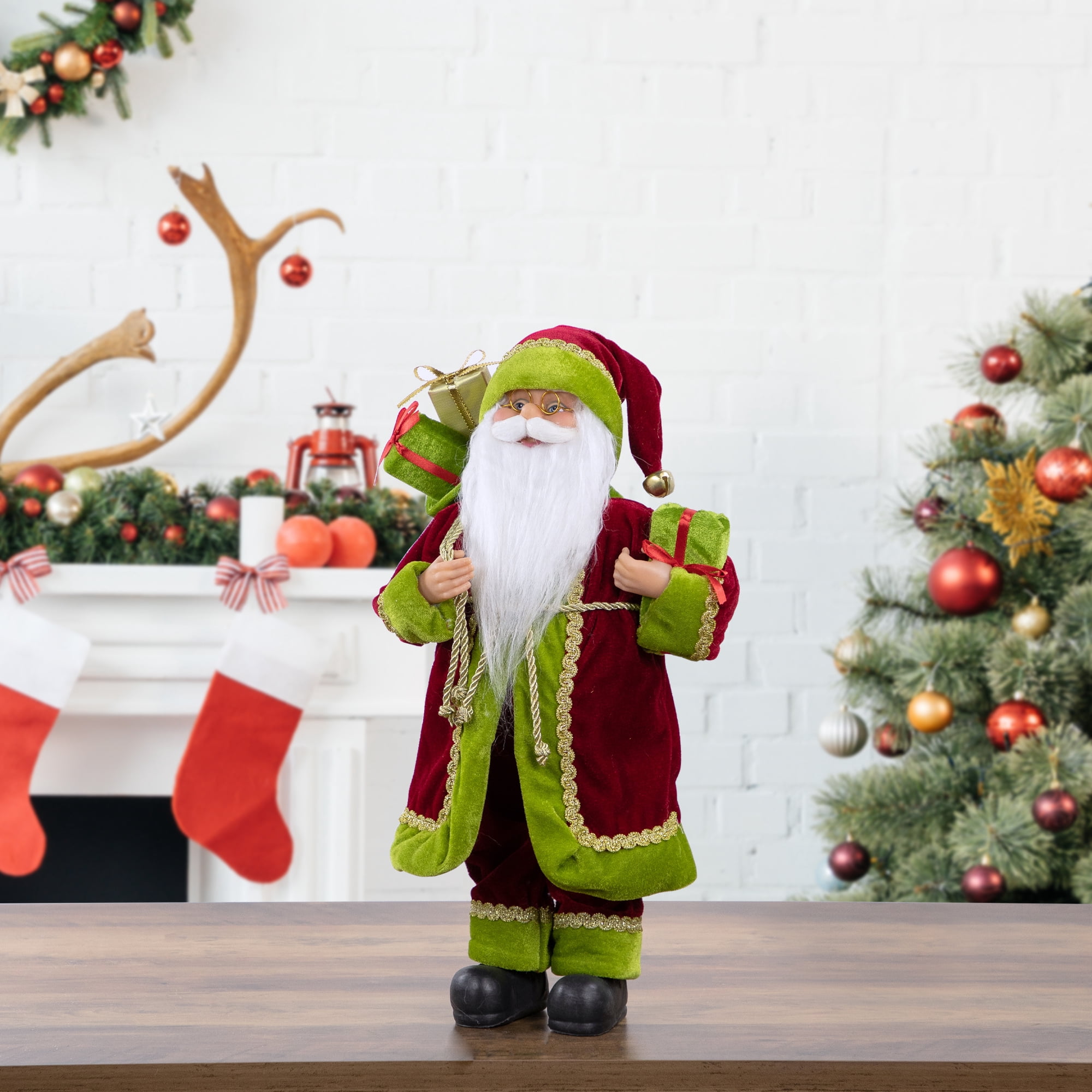 16" Grand Imperial Red Green and Gold Standing Santa Claus Christmas Figure with Gift Bag