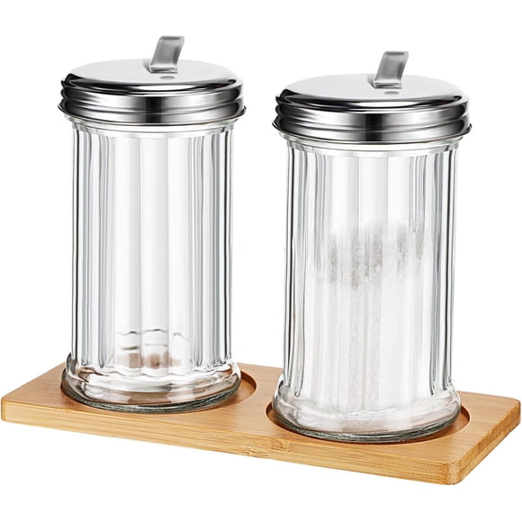 FoldTier Glass Sugar Dispenser Pourer Shaker with Tray 12 oz Retro Style Sugar Containers with Stainless Steel Lid for Coffee Bar Vintage Glass Jar For Sugar Cinnamon Spices (2 Pcs)