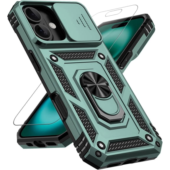 MYKOMI For iPhone 17 Case, with Slide Camera Cover HD Screen Protector [Military Grade 16ft. Drop Tested] Ring Holder Kickstand Protective Phone Case for Apple iPhone 17