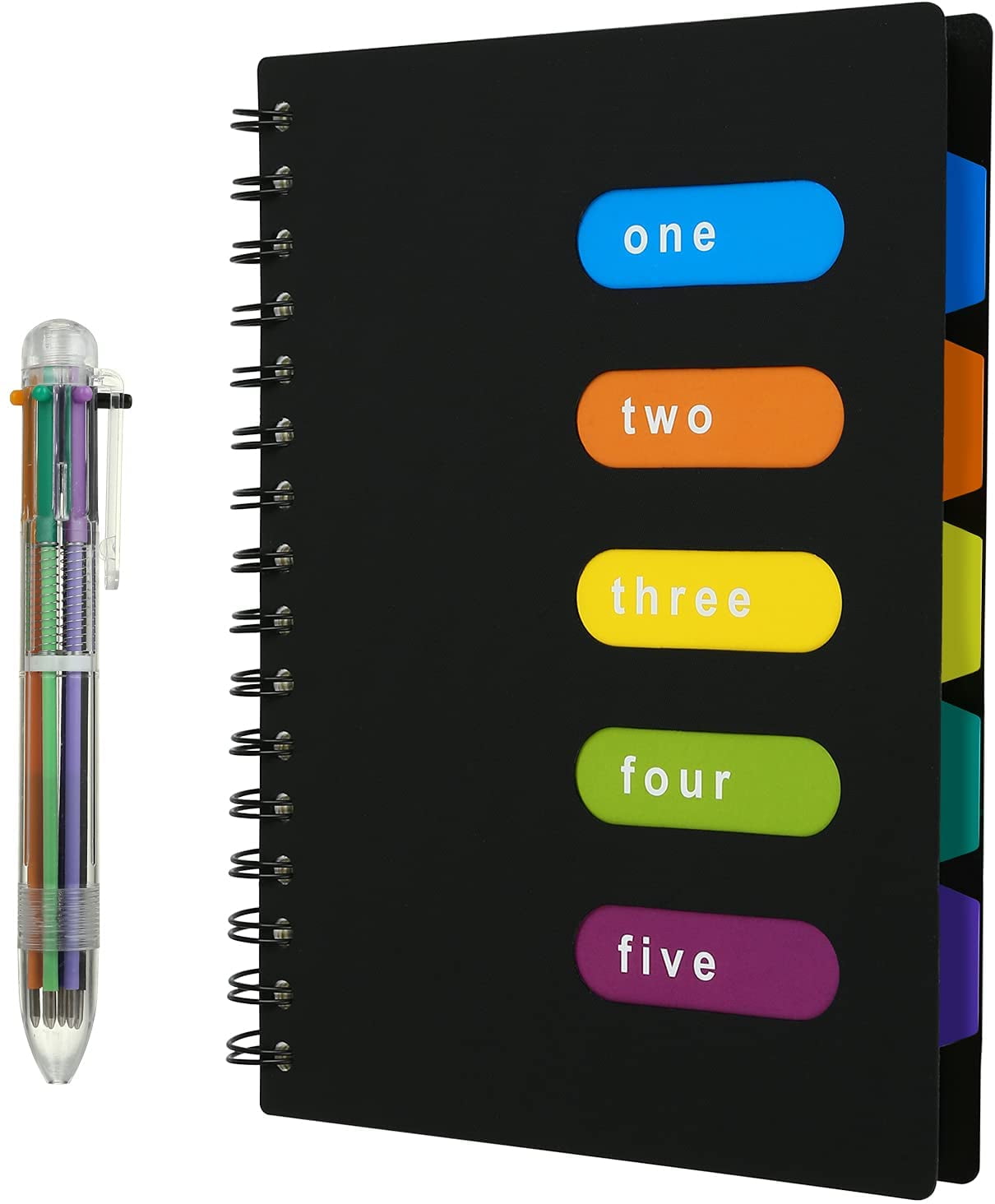 Naler Subject Notebook with Multicolor Pen, Wire Bound Notebook 300 Pages A5 Journal Notebooks Subject Divider with 5 Colors Tab & 6-in-1 Retractable Ballpoint - Black