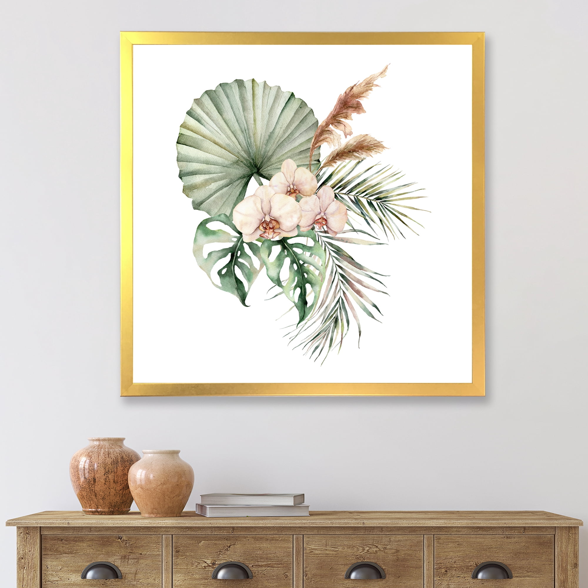 Designart 'Tropical Bouquet With Palm Orchids Leaves' Traditional Framed Art Print