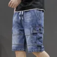 thumbnail image 3 of Pantalones cortos de mezclilla para hombre, rectos, holgados, con texto, pantalones vaqueros cortos holgados para hombre, tendencia ancha, verano 2024, oferta Xxxl, botones de corte fino, azul, 3 of 5