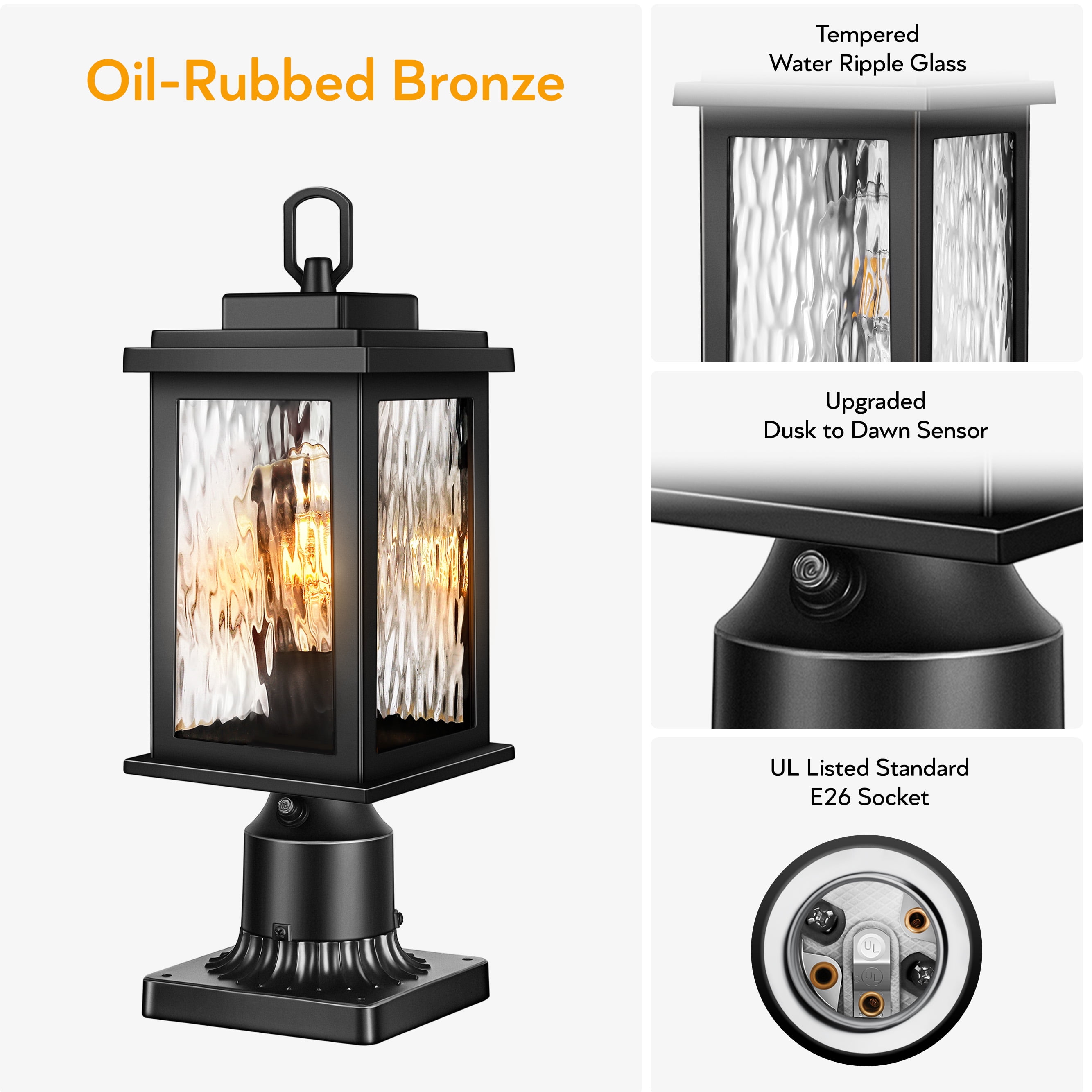 VIANIS Outdoor Post Lights, Dusk to Dawn Post Lights Outdoor,Black Post Lantern with Pier Mount Base, Waterproof Aluminum Body with Water Glass for Patio, Garden, Driveway