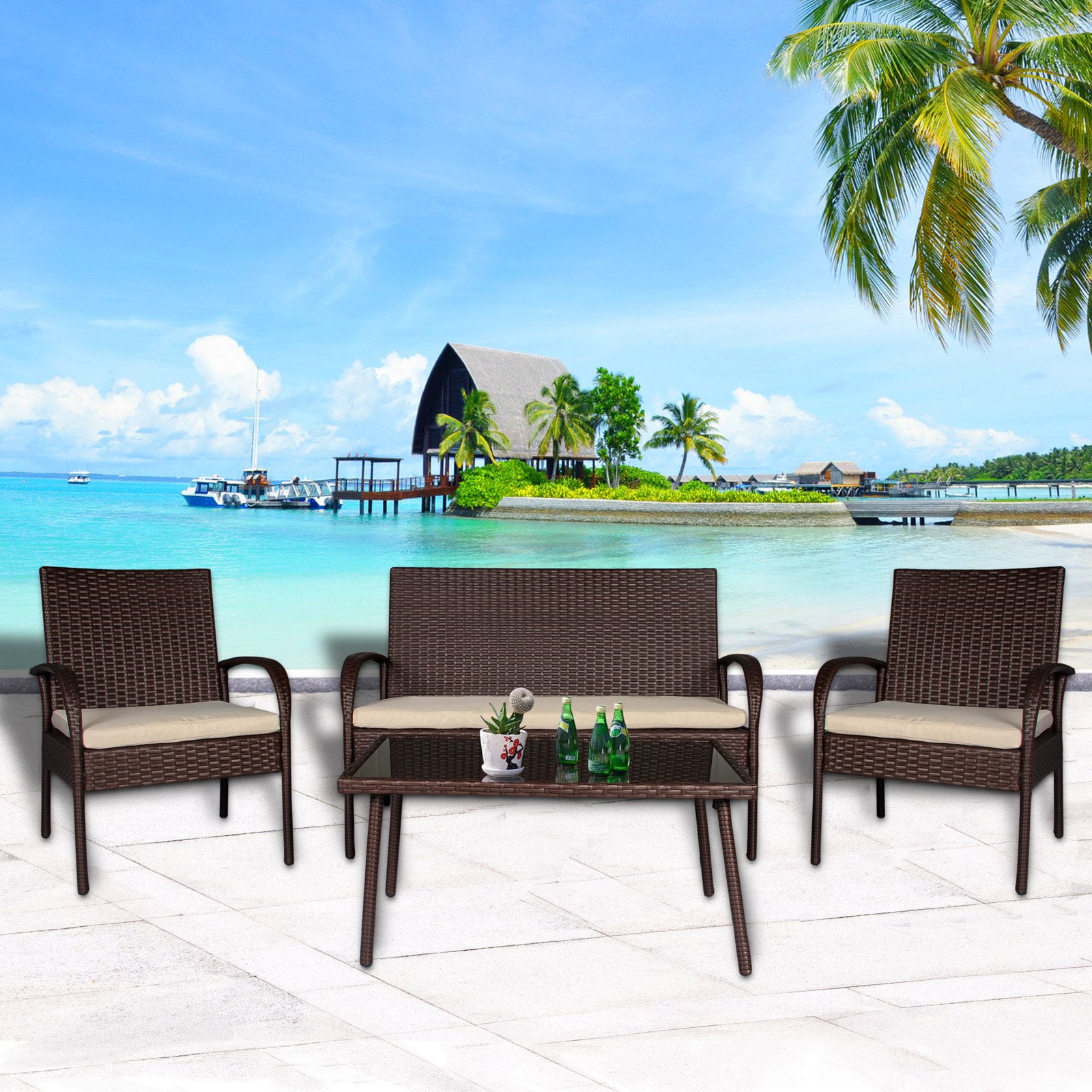 Cloud Mountain Rattan Wicker 4 Piece Patio Conversation Set by Cloud Mountain