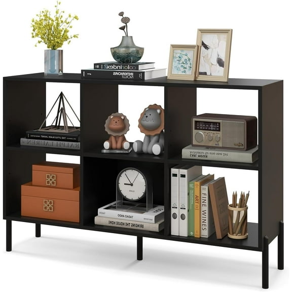 LDAILY 3-Tier Bookcase, 6 Cube Wooden Open Bookshelf with Metal Legs, 5-Position Adjustable Shelves, Modern Freestanding Storage Organizer Display Cabinet for Bedroom, Living Room (Black)