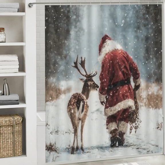 RKSupls Christmas Shower Curtain, Santa Claus Reindeer Shower Curtain with Hooks for Christmas Home Bathroom Decor Washable Curtains, 72x72 in