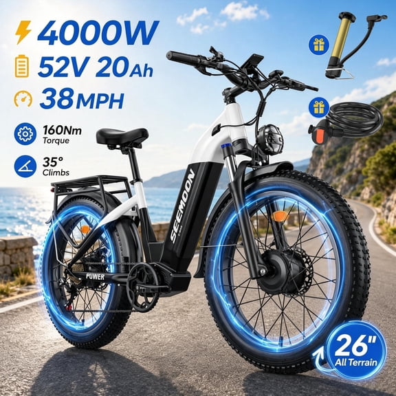 Seemoon 4OOOW Dual Motor Fat Tire Electric Dirt Bike 52V 20Ah Removable Battery 38 MH 160Nm 26 x 4 inch Long Range Hydraulic Brakes for Adults
