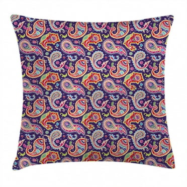 Paisley Decor Throw Pillow Cushion Cover, 60s and 70s Hippie Themed Motives with Geometrical and Floral Design Image, Decorative Square Accent Pillow Case, 16 X 16 Inches, Purple, by Ambesonne