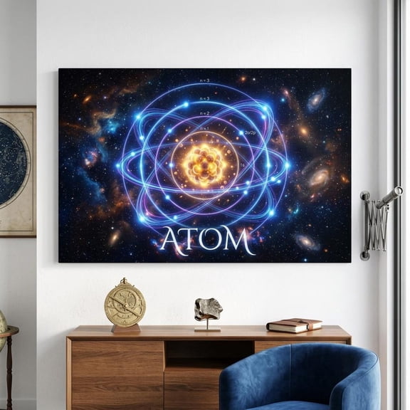 Glowing Atom Science Space STEM Wall Art Poster, Stretched Canvas 16x20in