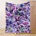 thumbnail image 4 of 1pc Contemporary Purple Violet Floral Print Fleece Blanket - Soft Warm All-Season Machine Washable for Home Decor, Camping, Travel, 4 of 6