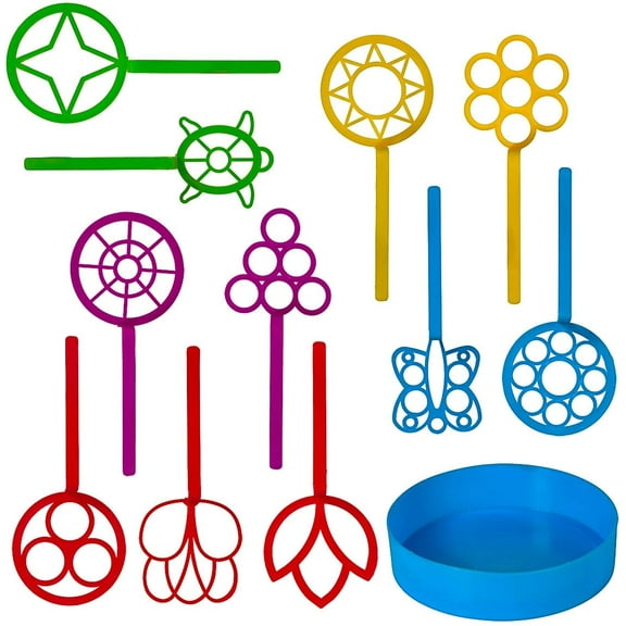 Neliblu Bulk Bubble Wand Set of 11 - Assorted Shapes and Colors | Bubble Maker Toy with Bubble Solution Tray | Party Favor for Kids | Big Bubble Wand Included