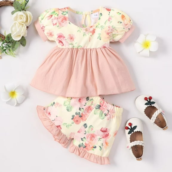 YEEDISON Children's Set Girls' Set Spring Summer Short Sleeve Solid Floral Print Casual Set Two Piece Set for 12M-5Y