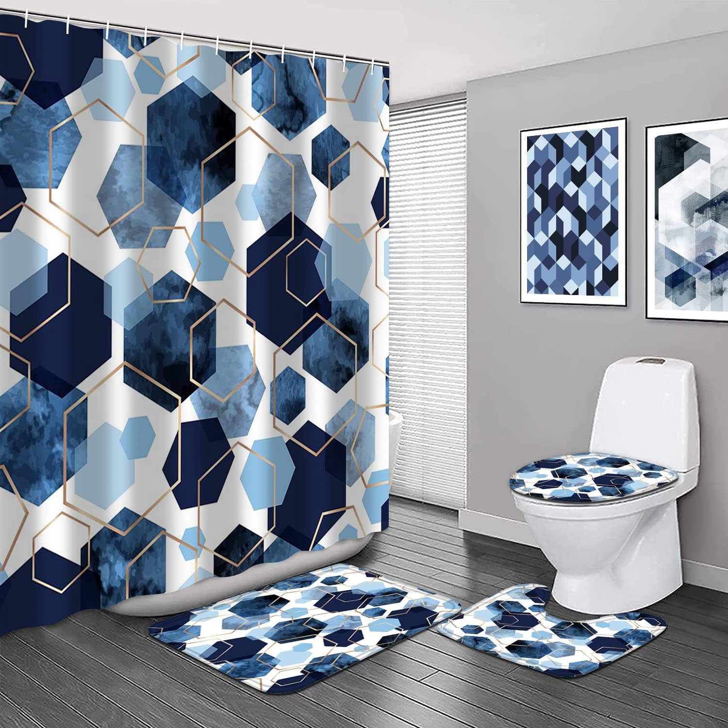 4Pcs Sky Blue Geometric Shower Curtain Set with Navy Blue Abstract Art, 12 Hooks, Bath Mat and Rugs