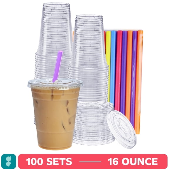 GUSTO 16 oz Clear Plastic Cups with Flat Lids & Straws, Disposable Drinking Cups for Iced Coffee, Milkshakes, & Smoothies, 100 Count
