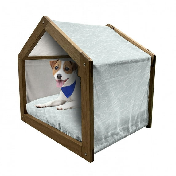 Blue and White Pet House, Contemporary Ocean Storm Abstraction with Wavy Lines Doodle Style, Outdoor & Indoor Portable Dog Kennel with Pillow and Cover, 5 Sizes, Pale Blue White, by Ambesonne