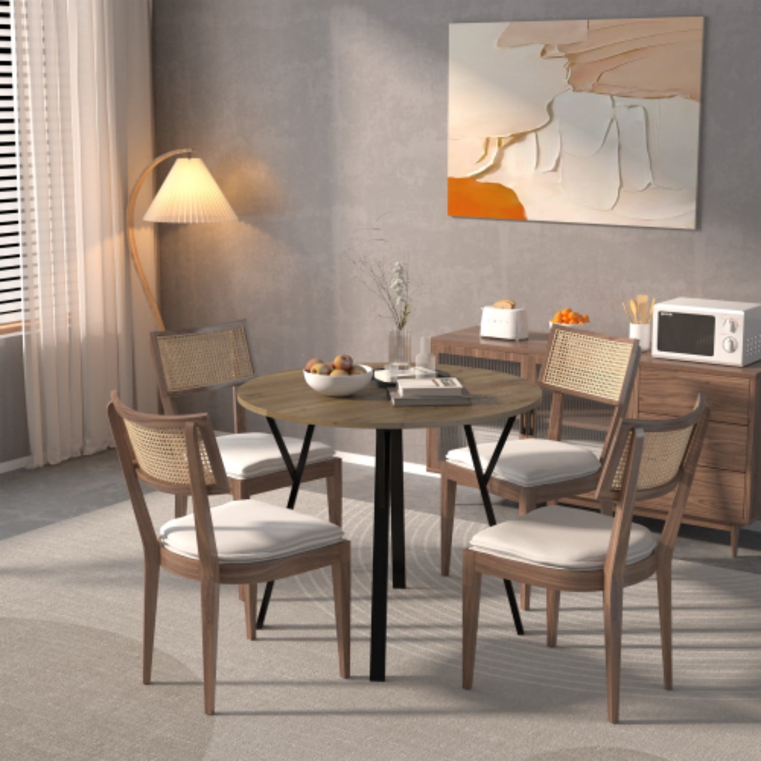 35.43" Round Dining Table, Modern Small Kitchen Table with Thick MDF Top & Black Metal Legs, Compact Circle Dining Table for 2-4, Apartment, Breakfast Nook & Dining Room, Rustic Brown