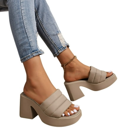 

YODETEY Sandals for Women Women s Fish Mouth Thick Heel High Heel Slippers Fashion Slippers Khaki