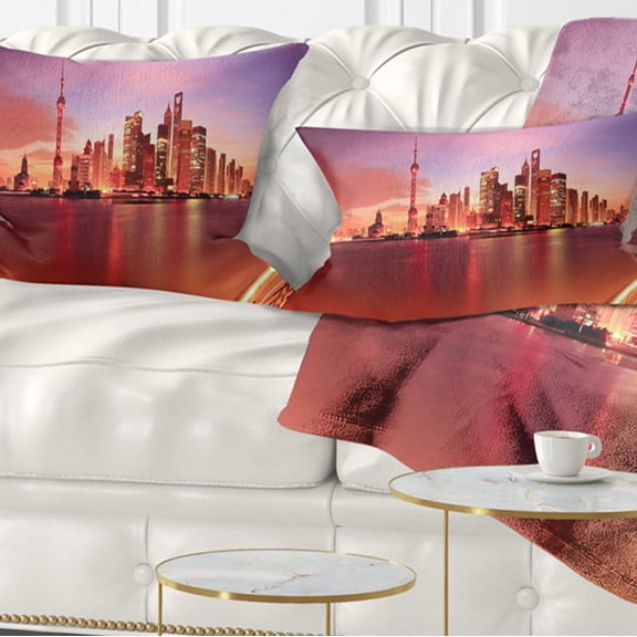 Designart Shanghai Skyline at Dawn Panorama - Cityscape Throw Pillow - 12x20