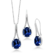 Gem Stone King 925 Sterling Silver Blue Created Sapphire Pendant and Earrings Jewelry Set For Women (18.39 Cttw, Oval 12X10MM, With 18 inch Chain)