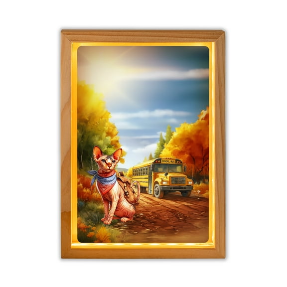 Goodbye Summer Sphynx Hello Fall Time for School Acrylic Plaque with Wood Photo Frame Box Cat Lover Kitten Owner Gifts Idea Light Box - 02014