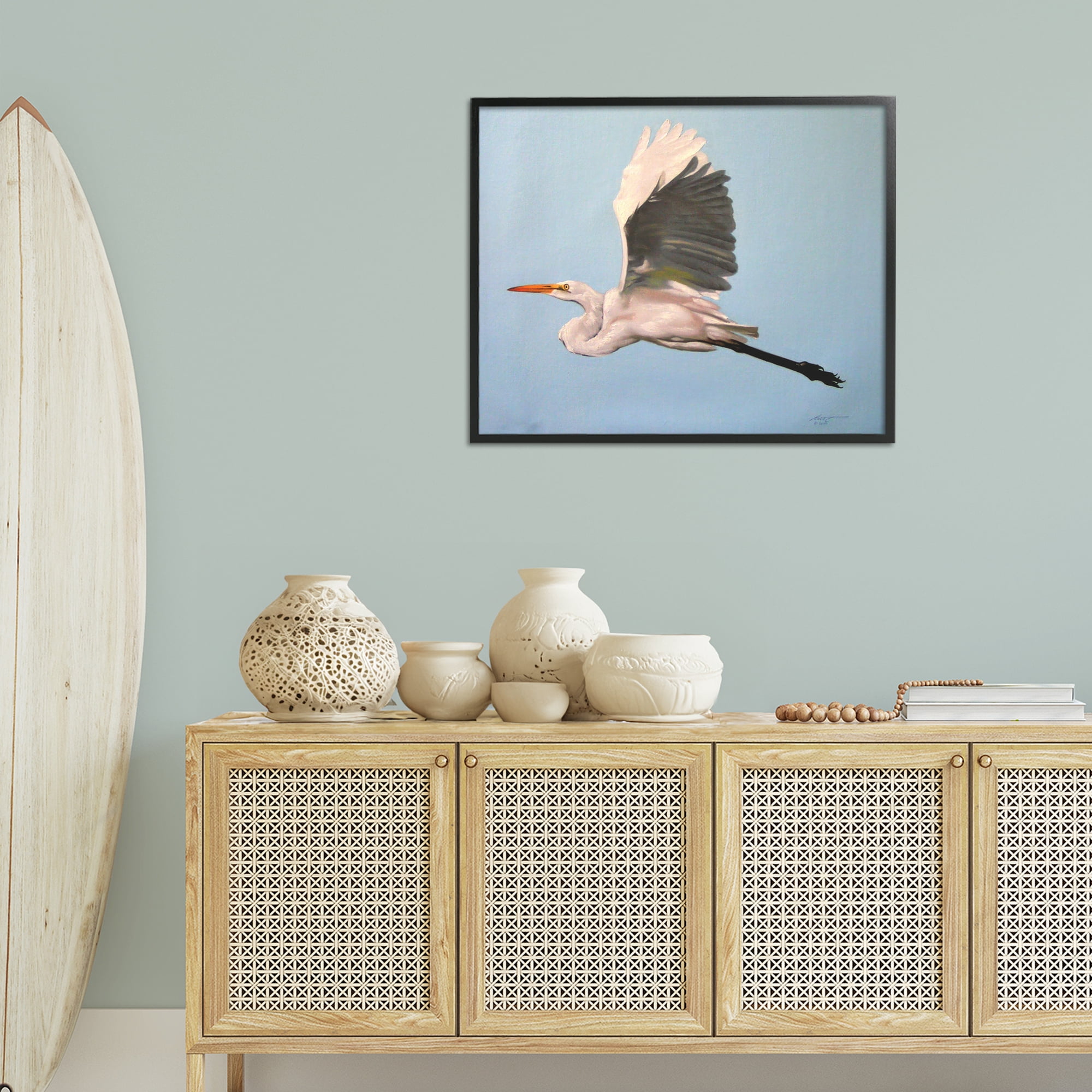 Stupell Industries Graceful Egret Flying Animals & Insects Painting Black Framed Art Print Wall Art, 30 x 24