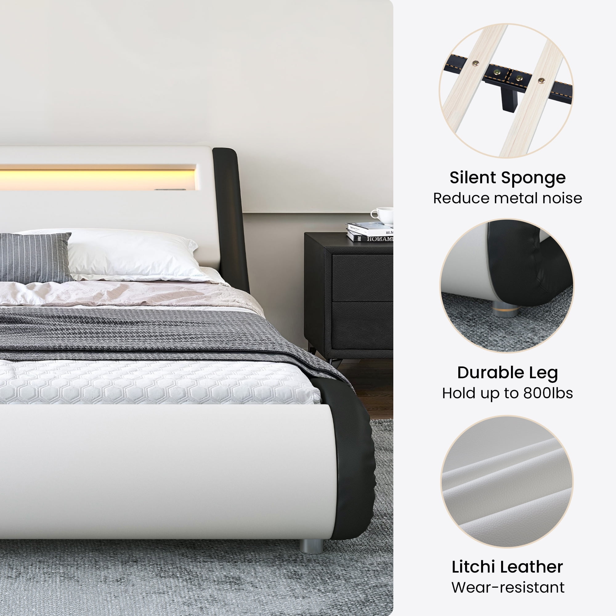 Sha Cerlin Full Size Wave-Like Curve PU Leather Platform Bed Frame with Adjustable Headboard and LED Lights, White+Black