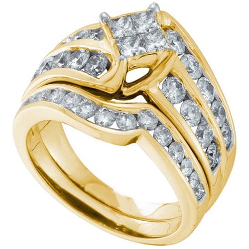 14K Yellow Gold 2.00ctw Shiny Invisible Set Diamond Princess Bridal Set Ring by Jewelrypot