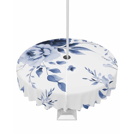 Fsddascl Blue Floral Art Outdoor Tablecloth - 60 Inch Round Dining Table Cover Watercolor Botanical Spring Flowers Waterproof Outdoor Table Cloth with Umbrella Hole & Zipper for Picnic/Patio/Party