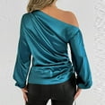 thumbnail image 4 of Olyvenn Fashion Elegant Off The Shoulder Satin Blouse for Women Dressy Casual Drawstring Side Long Sleeve Silk Business Office Shirts Blue S, 4 of 5