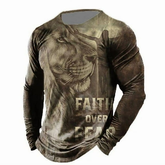 Long Sleeve Tee Shirts for Men Graphic Animal Print Casual Pullover Big and Tall Crewneck Sweatshirts Sports Tees Khaki L