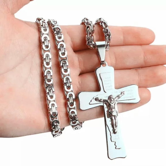 QQTDFG Fashion Women Mens Cross Pendant 6mm Stainless Steel Byzantine Chain Necklace-Silver-24 inch Necklace