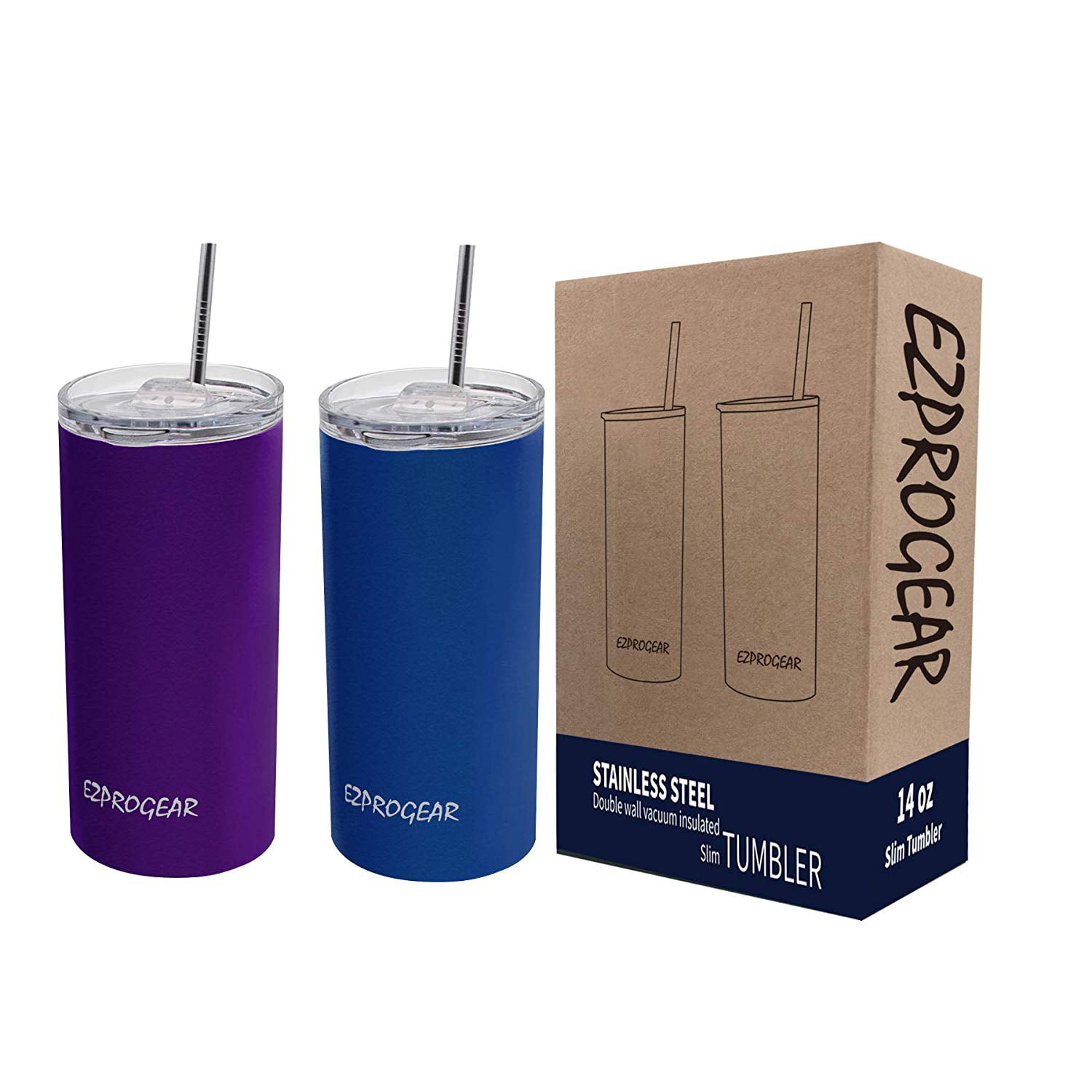 Ezprogear 20 oz & 30 oz Stainless Steel Tumbler w/Straws Grape/Sapphire 2 Pack 