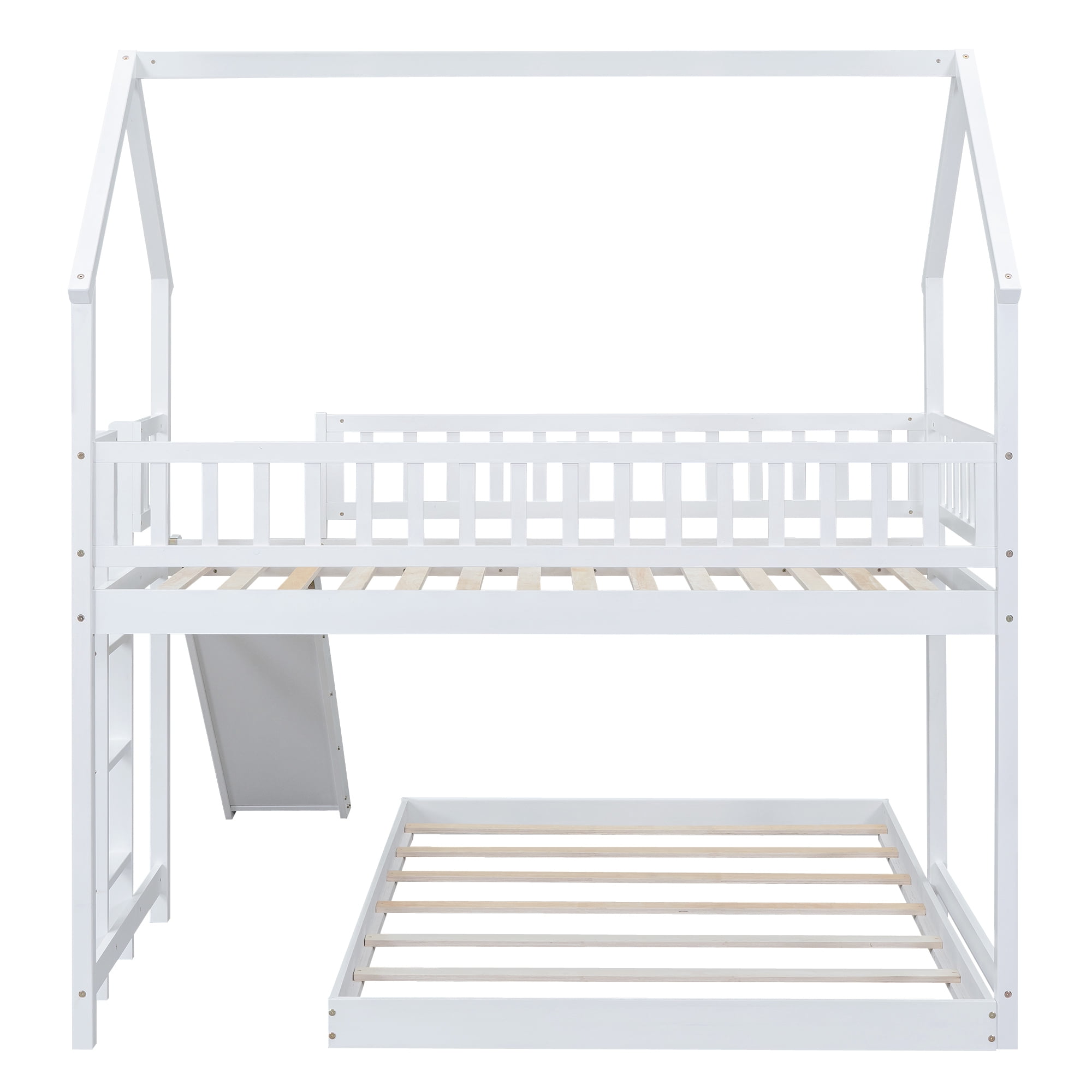 Twin Over Full House Bunk Beds with Slide, Kids Bunk Beds with House Shape Roof, Solid Wooden House Bunk Bed with Built-in Ladder, Full-Length Guardrail for Kids Teens Adults