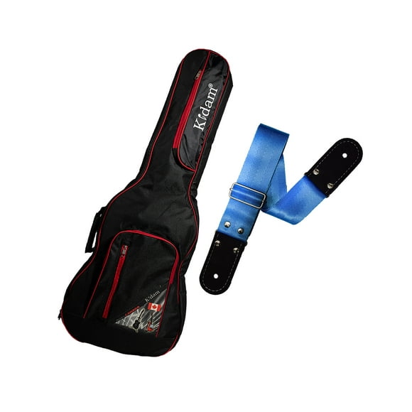 PAQUETE Estuche para guitarra eléctrica Funda para guitarra Gig bag, guitar case para trasporte y protección, color negro bordes rojos + Tahali strap correa Kidam LISO AZUL TURQUESA