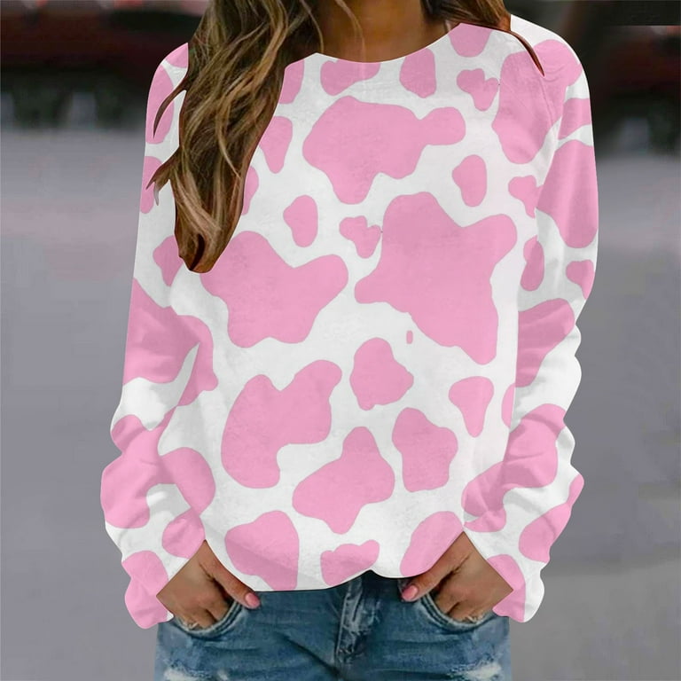 XFLWAM Women s Crew Neck Long Sleeve Cow Print Hoodie Sweatshirt Casual Pullover Top Blouse Tunic Shirt Pink XXL Walmart