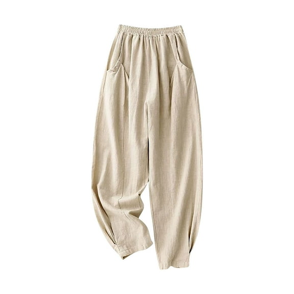 Kvture Cotton Linen Pants for Women Lantern Tapered Elastic Waist Fit Baggy Trousers with Pockets Beige L