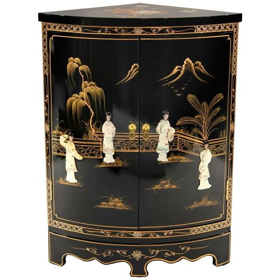 Oriental Furniture Black Lacquer Round Corner Cabinet - Royal Ladies