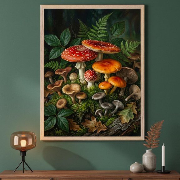 Forest Mushrooms Botanical Fly Agaric Mycology Cottagecore Woodland Fungi Forest Floor Floral Nursery Poster , Poster Print Only