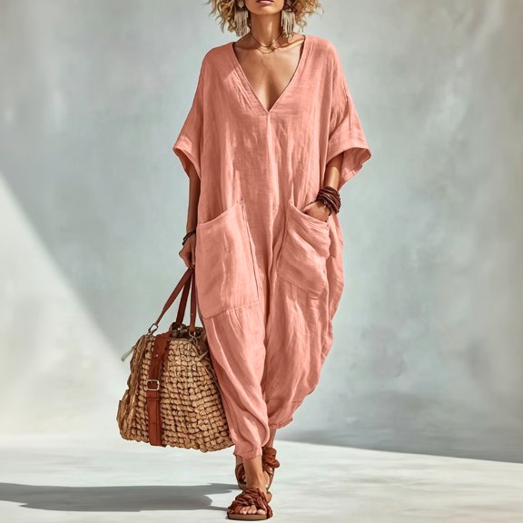 Womens Jumpsuit Casual 3/4 Sleeve V Neck Loose Long Pants with Pockets Summer Flowy Pink M